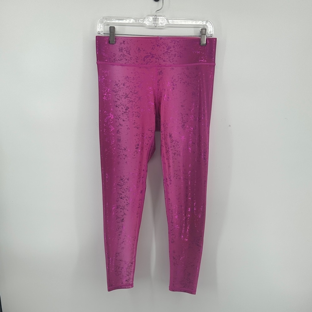 Terez Metallic Bold Athleisure Performance Shiny Shimmering Pink Leggings SzM